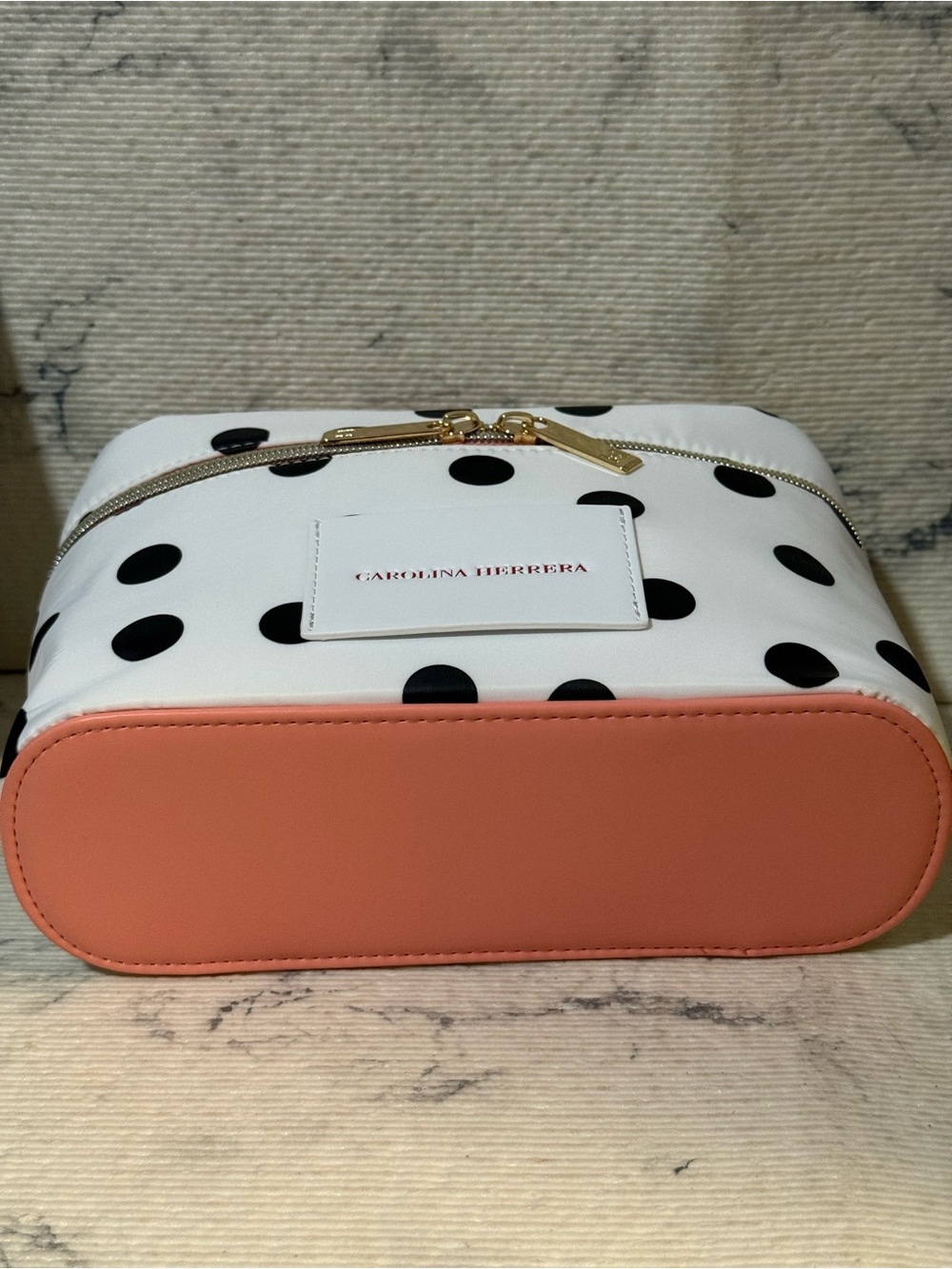 Carolina Herrera Beauty White Polka Dot Cosmetic Case with Pink Top Handle - Picture 10 of 16